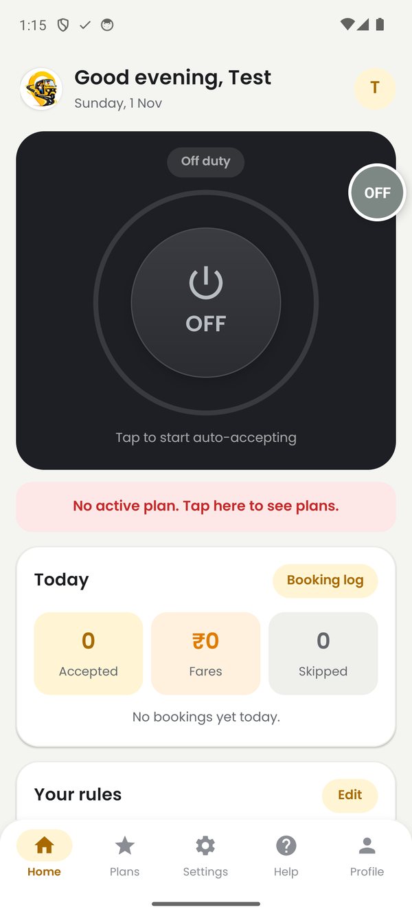 Ride Mitra home screen with the power button and filters